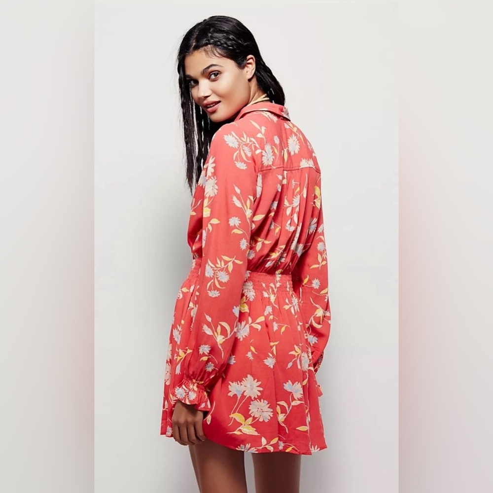 Free People Ruthie Floral Print Long Sleeve Mini Shirtdress in Coral - Picture 2 of 9